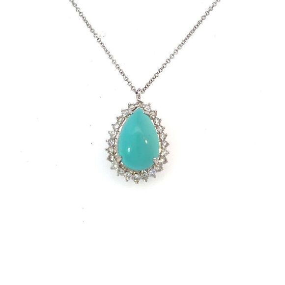 Persian Turquoise Diamond Pendant With Chain 17" 14k WG 9.9 TCW Certified 307918 - Picture 1 of 17